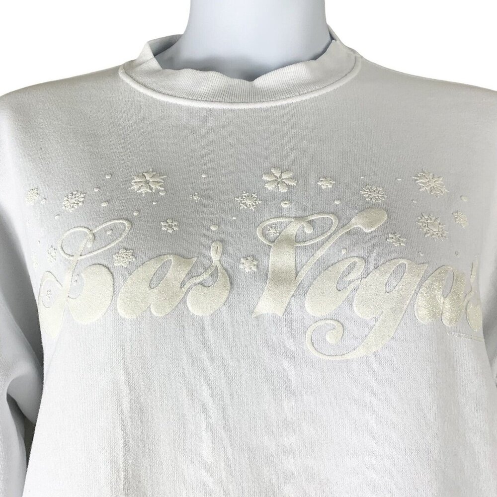 VTG Sweatshirt Las Vegas White Silver Sparkle Snowflakes HL Miller Gold Sz Large